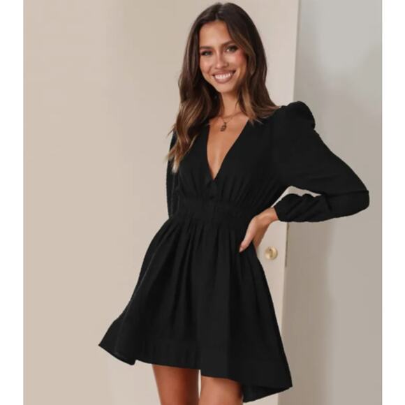Midnight Swing  Long-Sleeve V-Neck Mini Dress | Size Small | Chicgenes - Picture 4 of 4